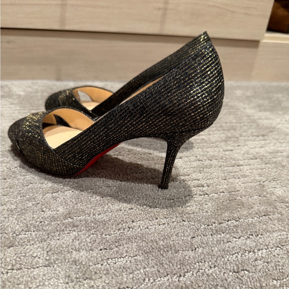 Christian Louboutin Black with Gold Accents Peep-Toe Pumps